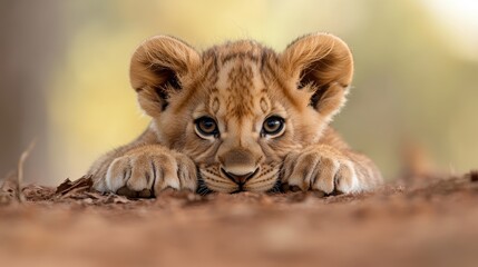 A cute lion cub lying on the ground with captivating eyes, showcasing its playful demeanor amidst a soft, blurred natural environment, inviting joy and affection.