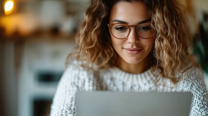 A young woman with curly hair wearing glasses, deeply focused on her laptop in a cozy and inviting home environment, perfect for themes of productivity and remote work life.