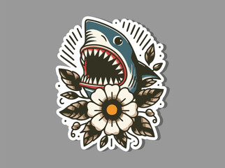 Vintage Shark and Rose Grunge Tattoo Design