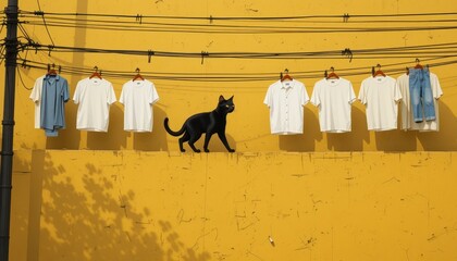 Monochrome Cat Illustration Yellow Wall, Laundry, Power Lines