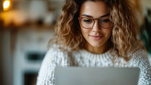 A young woman with curly hair wearing glasses, deeply focused on her laptop in a cozy and inviting home environment, perfect for themes of productivity and remote work life.