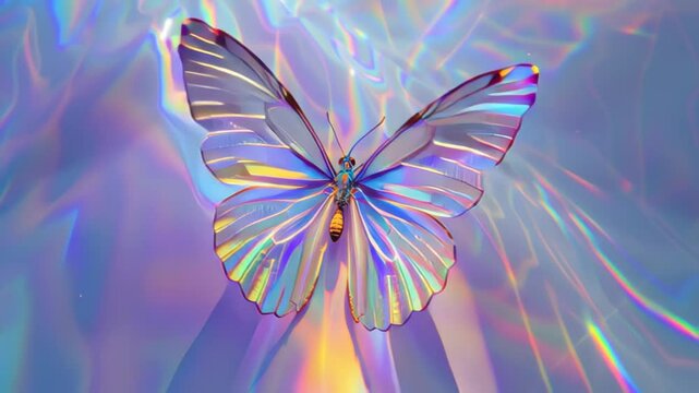 Holographic butterfly with iridescent wings flies over an abstract gradient background. The wings display vibrant colors and a shimmering effect.