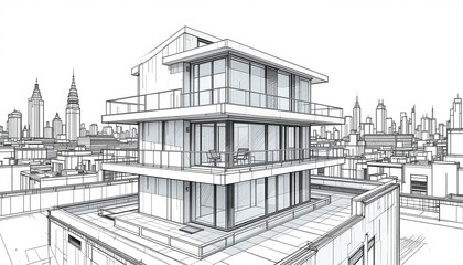 Fototapeta premium Stylish Penthouse Architectural Sketch Rooftop Cityscape Design
