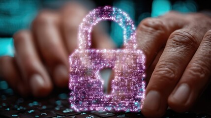 A cybersecurity professional activates holographic shield icons and translucent threat detection dashboards with glowing cyan-purple security auras in a modern office environment.