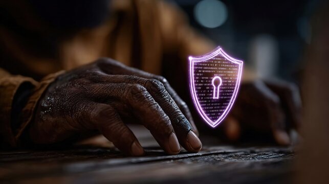 A cybersecurity professional activates holographic shield icons and translucent threat detection dashboards with glowing cyan-purple security auras in a modern office environment.