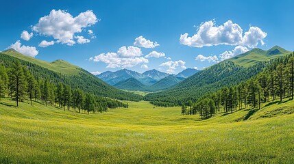Panoramic Serene Landscape: Green Meadow & Trees, Rolling Mountains, Blue Sky with White Clouds - Wide Angle, Vivid HD Nature Scene