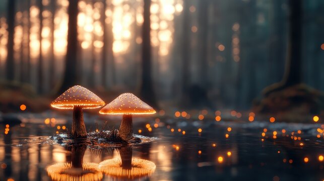 Glowing mushrooms illuminated by soft lights in a misty forest, creating a magical atmosphere that captivates the beholder with its mystical and enchanting charm.
