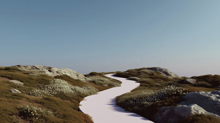 Abstract pink trail across rocky plateau under blue sky, conceptual outdoor art and surrealism