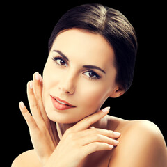 Portrait of pleasant smiling young beautiful cute woman brunette hair girl, isolate black background. Beauty, makeup cosmetics, health skin care skincare spa treatment concept. Square image