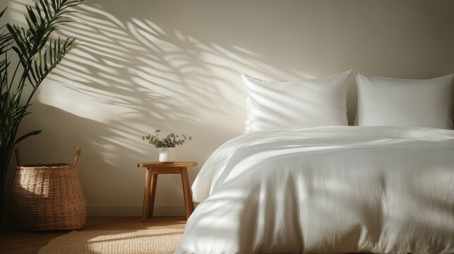 A serene and inviting bedroom featuring soft shadows and gentle light filtering through the arrangement of pillows and plant, exemplifying a tranquil modern retreat for relaxation.