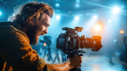 A focused photographer capturing a moment at a vibrant event, showcasing his enthusiasm for photography and the dynamic atmosphere surrounding him.