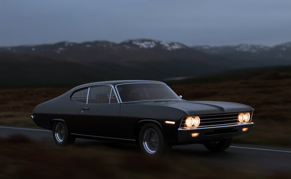 Fototapeta Vintage muscle car on remote road at dusk, moody cinematic automotive scene