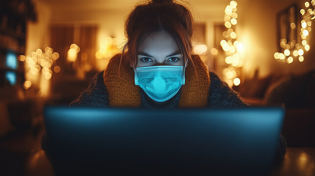 Woman in Face Mask Working on Laptop in Cozy Home Interior with Warm Lights - Powered by Adobe