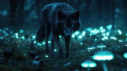 Dark animal amidst glowing mushrooms