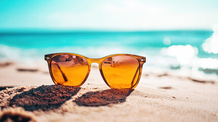 A pair of sunglasses with orange lenses sitting on a sandy beach with the ocean in the background.