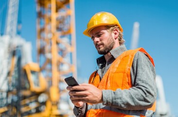 Construction worker in hard hat vest checks phone by a crane