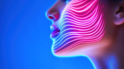 Obraz premium Profile view of person with colorful light patterns their face, creating vibrant and artistic effect. blue and pink hues evoke