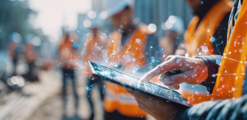 Construction worker using tablet at site with orange vest and hard hats