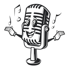 Cartoon Microphone Mascot with Smiling Face and Arms Up, Musical Notes around the Microphone, Black and White Vector Illustration for Audio or Entertainment