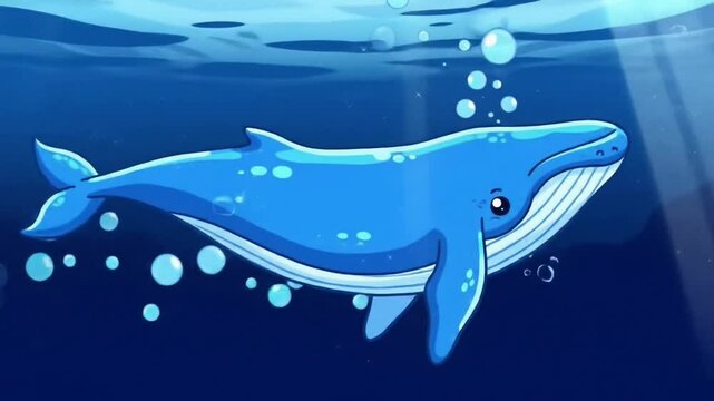 Blue whale swimming deep underwater with bubbles