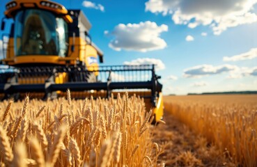 Fototapeta premium Modern yellow combine harvester working in a golden wheat field under a bright blue sky