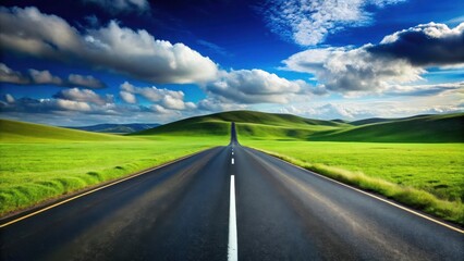 Fototapeta premium Asphalt road stretching towards rolling green hills under a vibrant sky, promising adventures and open horizons
