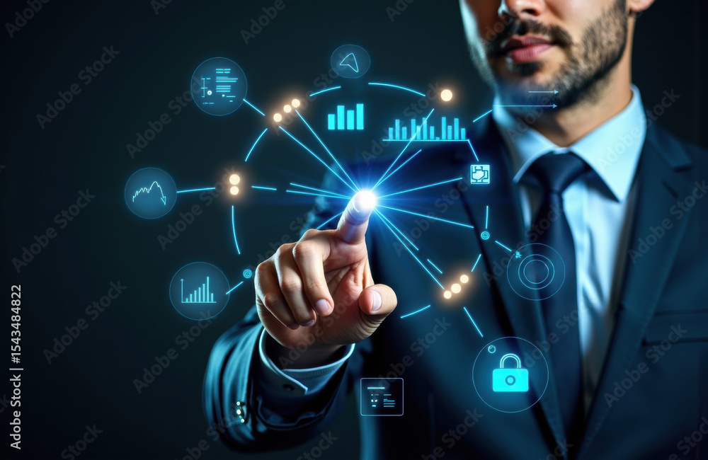 Poster businessman in suit interacts with digital data visualization and analytics interface