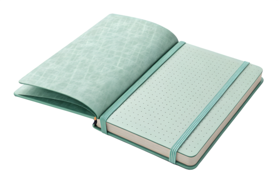 Open mint green notebook with dot grid pages and elastic band on a black background