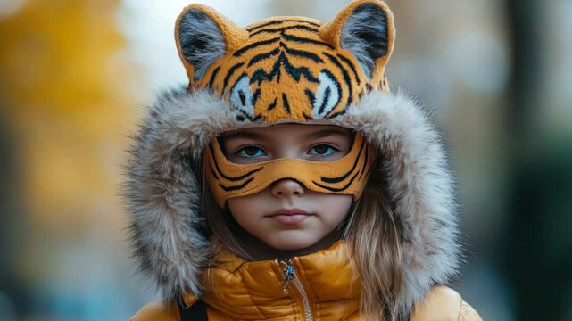 Close-up portrait of a young girl wearing a cozy tiger mask hat and yellow jacket, representing quadrobics culture and childlike imagination in a whimsical autumn setting