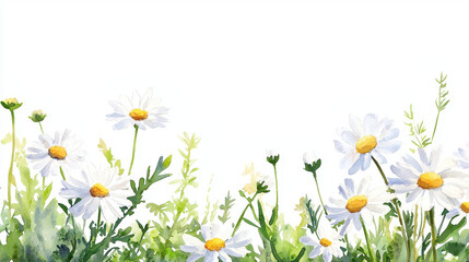 Watercolor botanical illustration of white daisies in lush green field, evoking sense of tranquility and nature beauty
