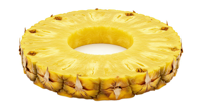 A single, perfectly sliced pineapple ring isolated against a black background
