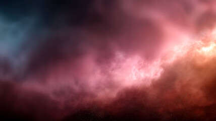 Colorful, dramatic sky with swirling clouds. Shades of orange, pink and blue create a striking, abstract composition. 