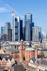 Frankfurt skyline skyscrapers in city center with the Römer portrait format from above in Frankfurt, Germany