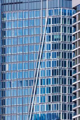 Frankfurt skyline skyscrapers facade with banks modern work office buildings portrait format in Frankfurt, Germany