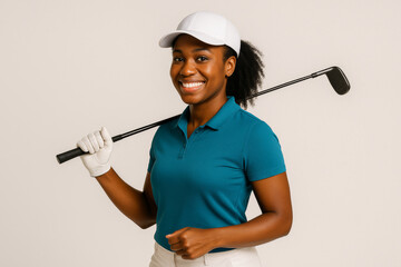 Confident Golfer: A radiant woman, poised and self-assured, stands ready to conquer the green, her golf club casually resting across her shoulder.