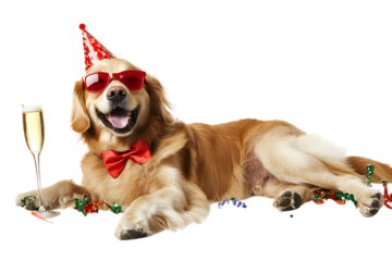 Dog celebrating with champagne and party hat