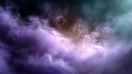 Obraz premium An abstract representation of a nebula in space, showcasing swirling gases in shades of purple, teal, and gold against a dark backdrop.
