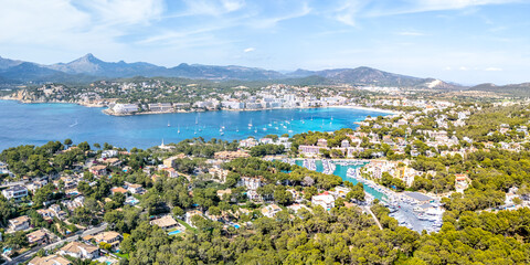 Santa Ponsa on Mallorca island aerial view from above marina with boats holiday by the sea beach panorama in Spain