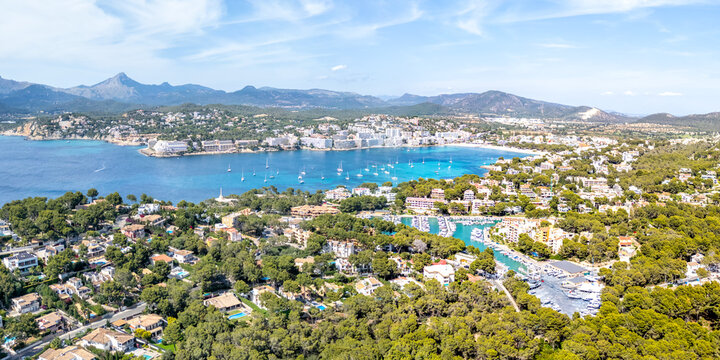 Santa Ponsa on Mallorca island aerial view from above marina with boats holiday by the sea beach panorama in Spain