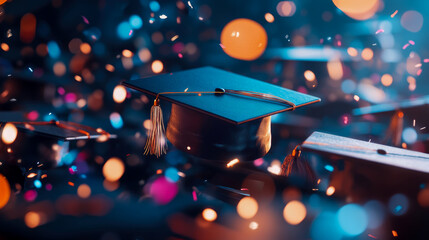 Concept: Academic Achievement; Holiday: Graduation; Purpose: Card Celebration of Graduation with mortarboards and colorful confetti in a festive atmosphere