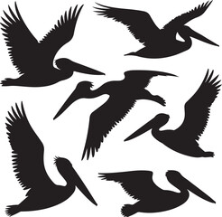 Obraz premium Pelican Standing on Pier SilhouetteFlying Pelican Over Water Vector DesignPelican with Open Beak Silhouette ArtCoastal Pelican Resting Scene VectorPelican in Flight Silhouette Illustration