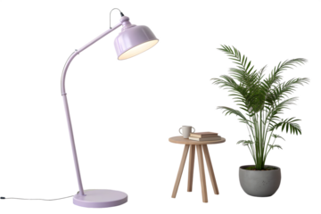 Modern interior scene with a stylish lavender floor lamp and potted plant against black background