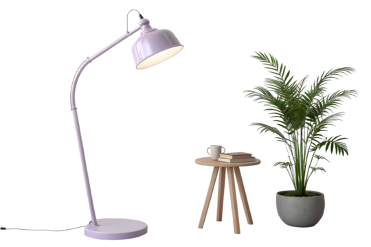 Modern interior scene with a stylish lavender floor lamp and potted plant against black background