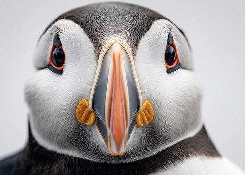 Puffin head close-up, white background,