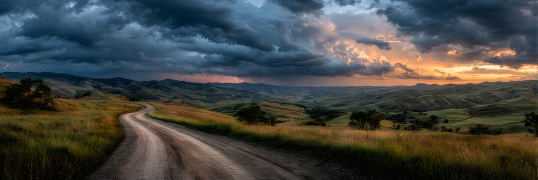 Serene sunset over rolling hills, gravel road winding through landscape, dramatic clouds and distant lightning strike.