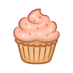 Cute Vector Cupcake with Pink Cream Frosting and Sprinkles. Kawaii Style Dessert Illustration.
