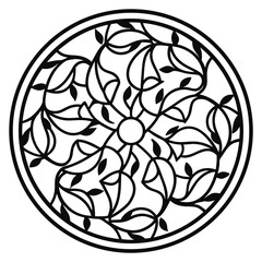 Delicate Floral Vine Mandala in a Circle: Intricate Vector Illustration of Intertwined Leaves and Branches with Center Point for Design, Logo, or Decorative Element