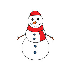 a cheerful snowman with orange carrot nose and red