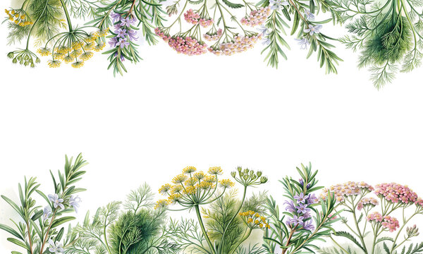 botanical illustration of a seamless border made of aromatic herbs and flowering garden plants. Ideal for packaging design, organic product branding, cookbook visuals, nature posters, eco-friendly bra
