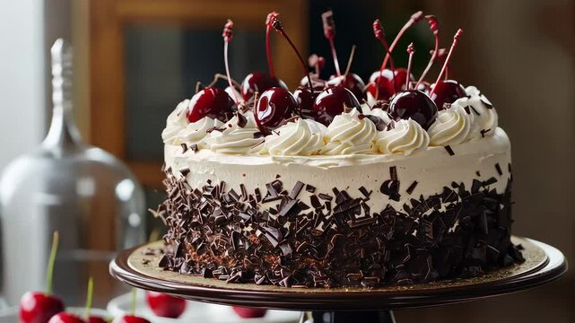 Decadent black forest cake with cherries and whipped cream